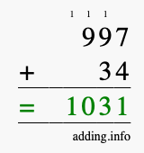 Calculate 997 + 34 using long addition