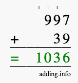Calculate 997 + 39 using long addition