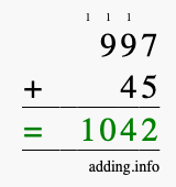 Calculate 997 + 45 using long addition