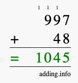 Calculate 997 + 48 using long addition