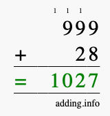 Calculate 999 + 28 using long addition