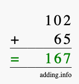 Calculate 102 + 65 using long addition