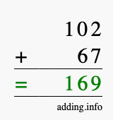 Calculate 102 + 67 using long addition