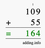 Calculate 109 + 55 using long addition