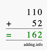 Calculate 110 + 52 using long addition