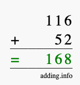 Calculate 116 + 52 using long addition