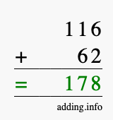 Calculate 116 + 62 using long addition