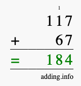 Calculate 117 + 67 using long addition