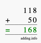 Calculate 118 + 50 using long addition
