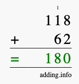 Calculate 118 + 62 using long addition