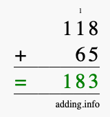 Calculate 118 + 65 using long addition