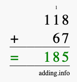 Calculate 118 + 67 using long addition