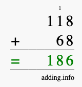 Calculate 118 + 68 using long addition