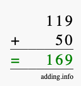 Calculate 119 + 50 using long addition