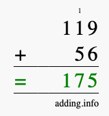 Calculate 119 + 56 using long addition