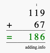 Calculate 119 + 67 using long addition