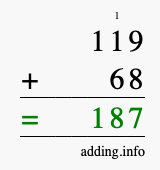 Calculate 119 + 68 using long addition