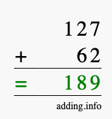 Calculate 127 + 62 using long addition