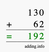 Calculate 130 + 62 using long addition