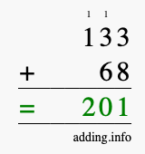 Calculate 133 + 68 using long addition