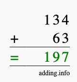 Calculate 134 + 63 using long addition