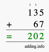 Calculate 135 + 67 using long addition