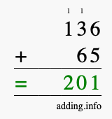 Calculate 136 + 65 using long addition