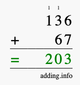 Calculate 136 + 67 using long addition
