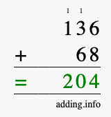 Calculate 136 + 68 using long addition