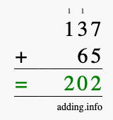 Calculate 137 + 65 using long addition