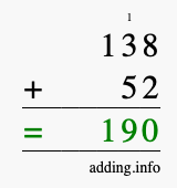 Calculate 138 + 52 using long addition