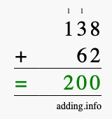 Calculate 138 + 62 using long addition