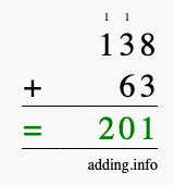 Calculate 138 + 63 using long addition