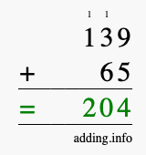 Calculate 139 + 65 using long addition