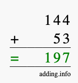 Calculate 144 + 53 using long addition