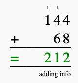 Calculate 144 + 68 using long addition