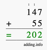 Calculate 147 + 55 using long addition
