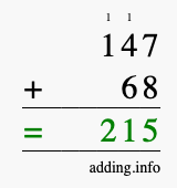 Calculate 147 + 68 using long addition