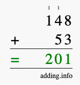 Calculate 148 + 53 using long addition