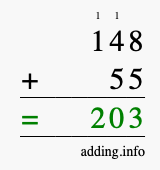 Calculate 148 + 55 using long addition