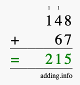Calculate 148 + 67 using long addition