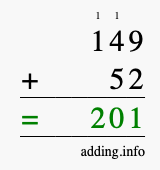 Calculate 149 + 52 using long addition