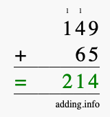 Calculate 149 + 65 using long addition