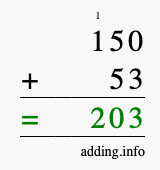 Calculate 150 + 53 using long addition