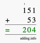 Calculate 151 + 53 using long addition