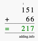 Calculate 151 + 66 using long addition