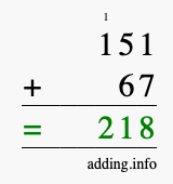 Calculate 151 + 67 using long addition