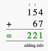 Calculate 154 + 67 using long addition