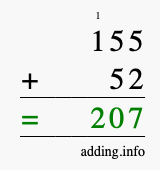 Calculate 155 + 52 using long addition