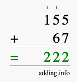 Calculate 155 + 67 using long addition